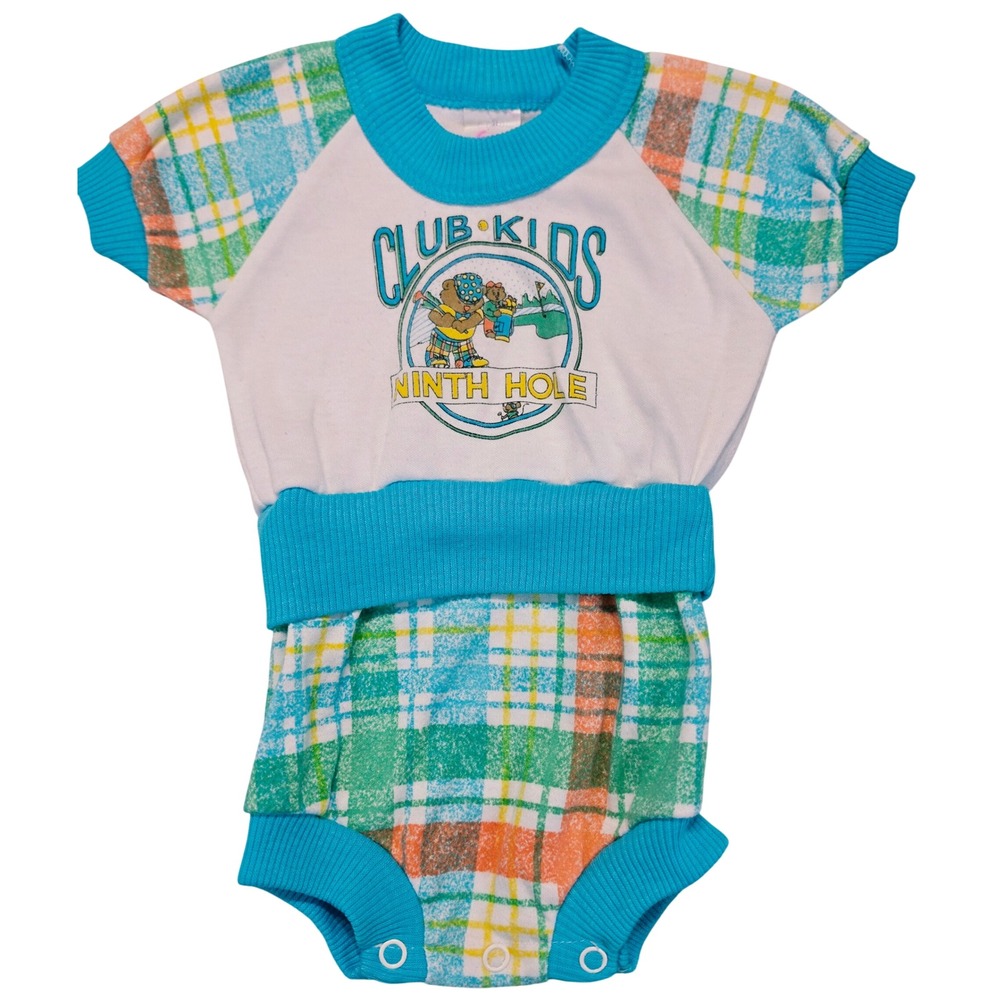 Vintage Gerber Club Kids Ninth Hole Golf Plaid Romper Bodysuit Blue Green 0-6M